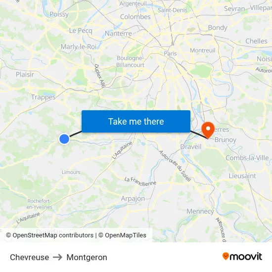 Chevreuse to Montgeron map