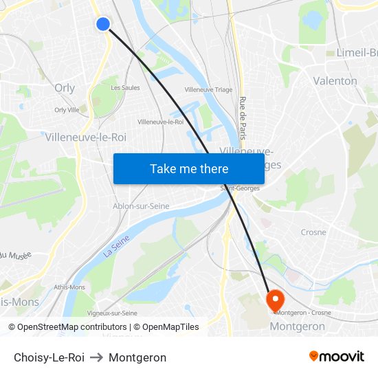 Choisy-Le-Roi to Montgeron map