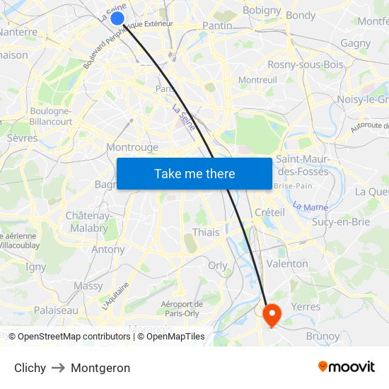 Clichy to Montgeron map