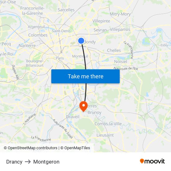 Drancy to Montgeron map