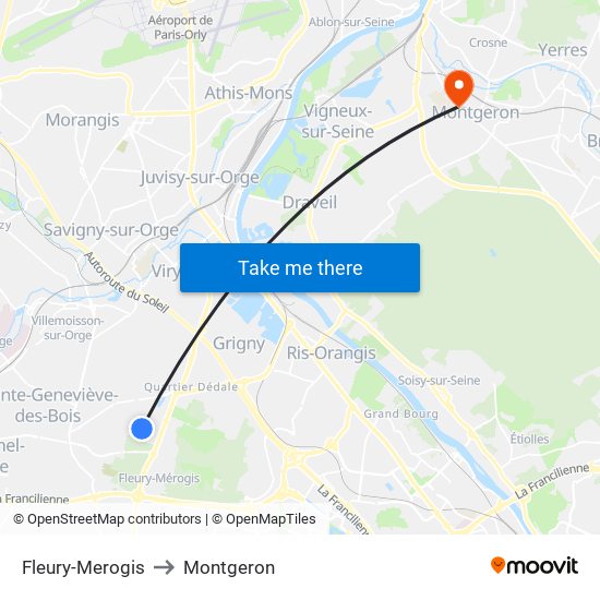 Fleury-Merogis to Montgeron map