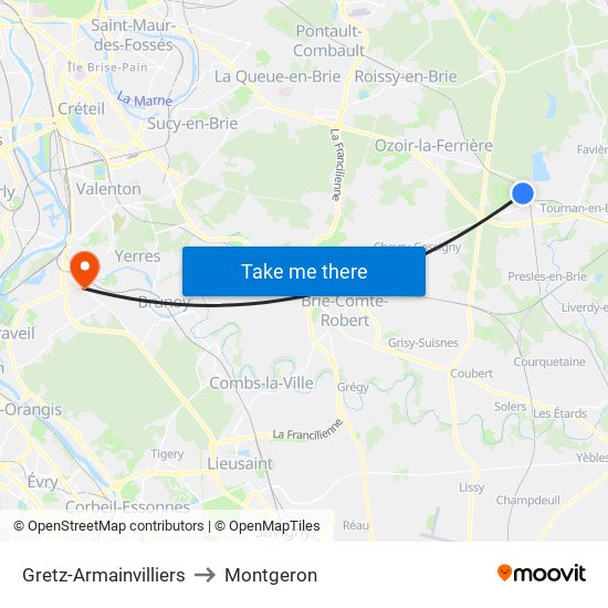 Gretz-Armainvilliers to Montgeron map