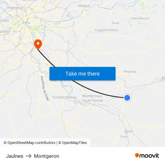 Jaulnes to Montgeron map