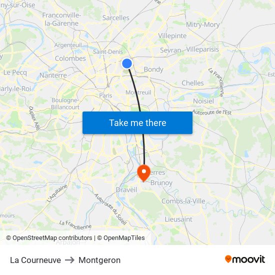 La Courneuve to Montgeron map