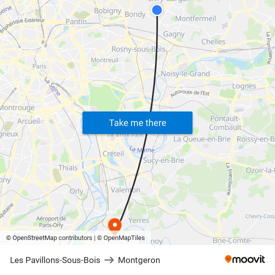 Les Pavillons-Sous-Bois to Montgeron map