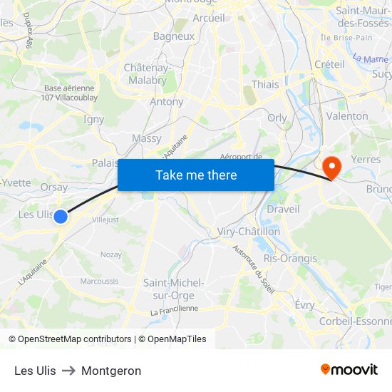 Les Ulis to Montgeron map