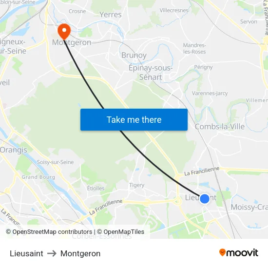 Lieusaint to Montgeron map