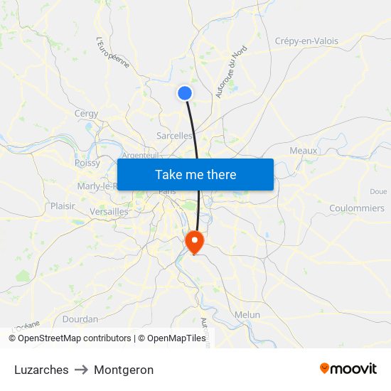 Luzarches to Montgeron map