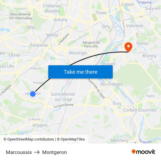 Marcoussis to Montgeron map