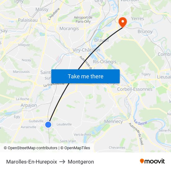 Marolles-En-Hurepoix to Montgeron map