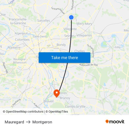 Mauregard to Montgeron map