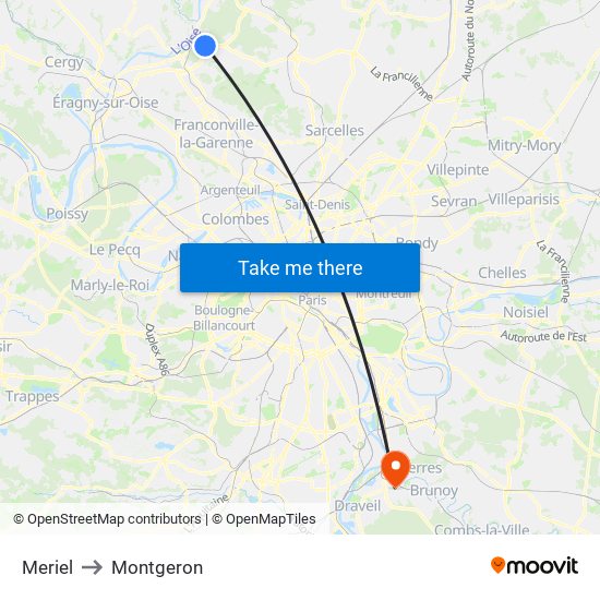 Meriel to Montgeron map