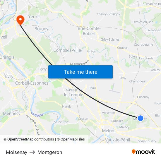Moisenay to Montgeron map