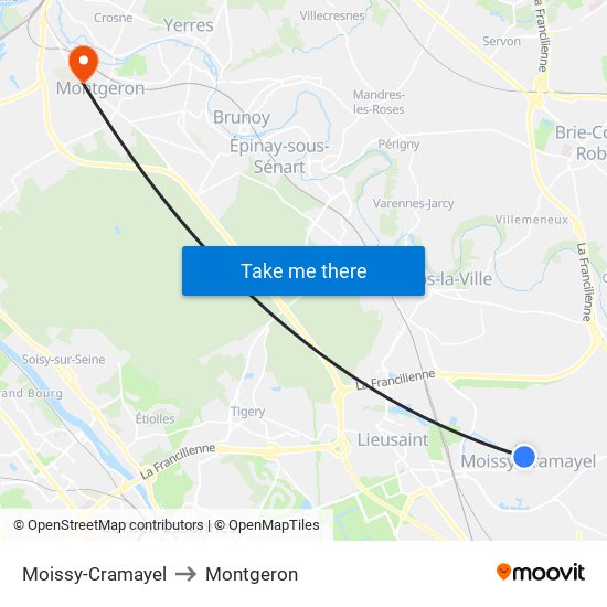 Moissy-Cramayel to Montgeron map