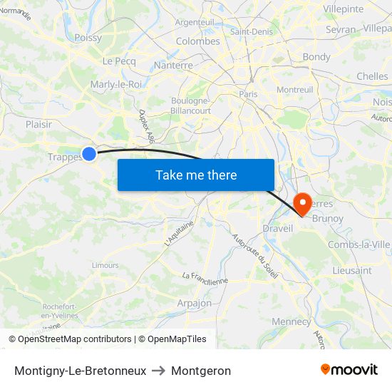 Montigny-Le-Bretonneux to Montgeron map