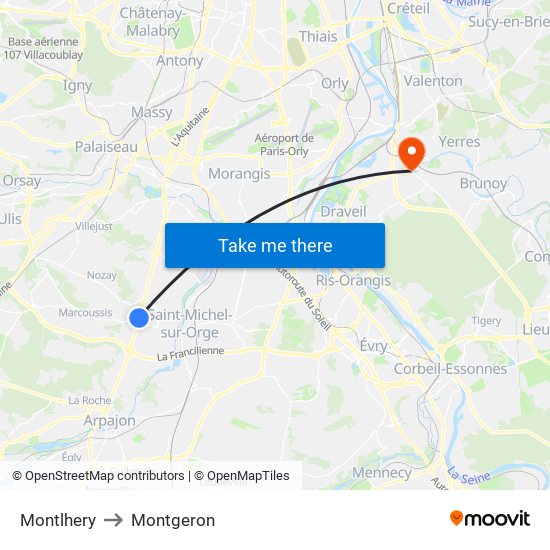 Montlhery to Montgeron map