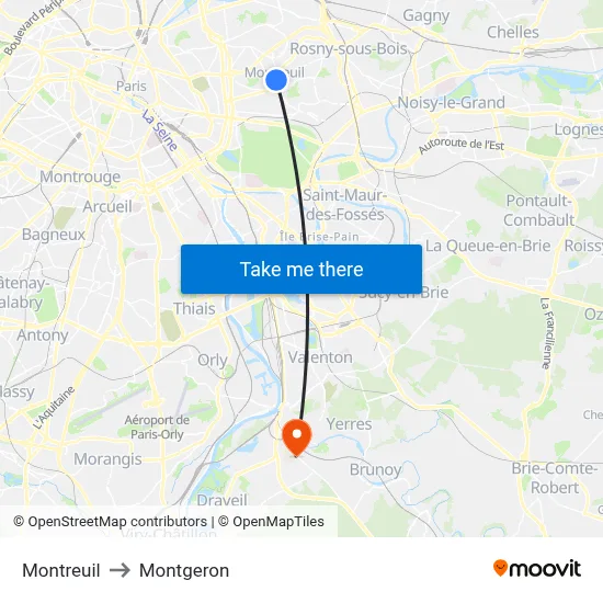 Montreuil to Montgeron map