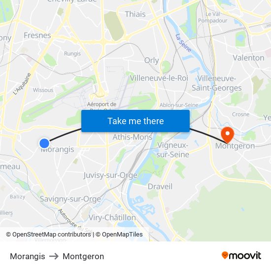 Morangis to Montgeron map