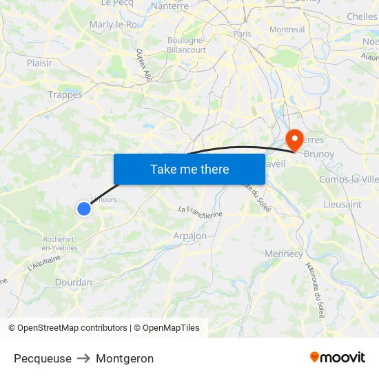 Pecqueuse to Montgeron map