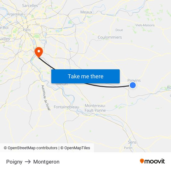 Poigny to Montgeron map