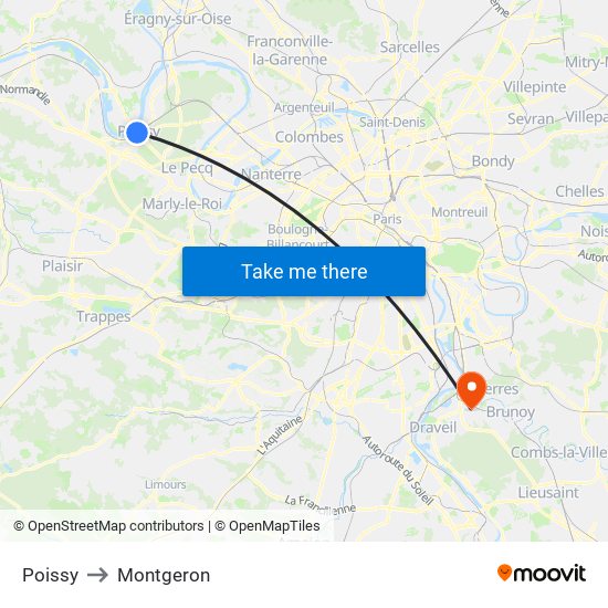 Poissy to Montgeron map