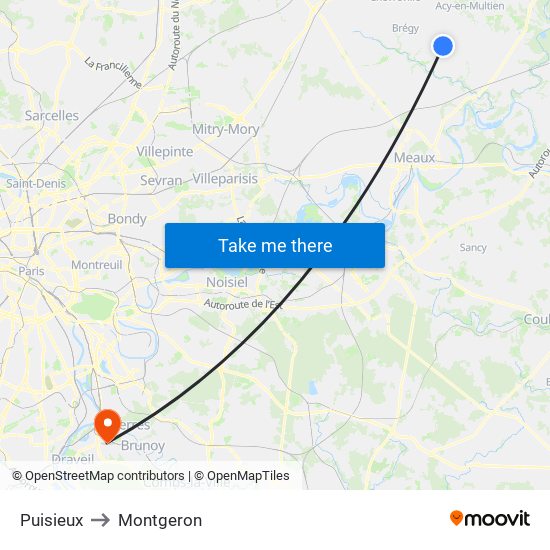 Puisieux to Montgeron map