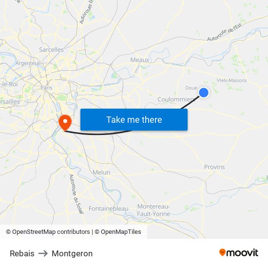Rebais to Montgeron map