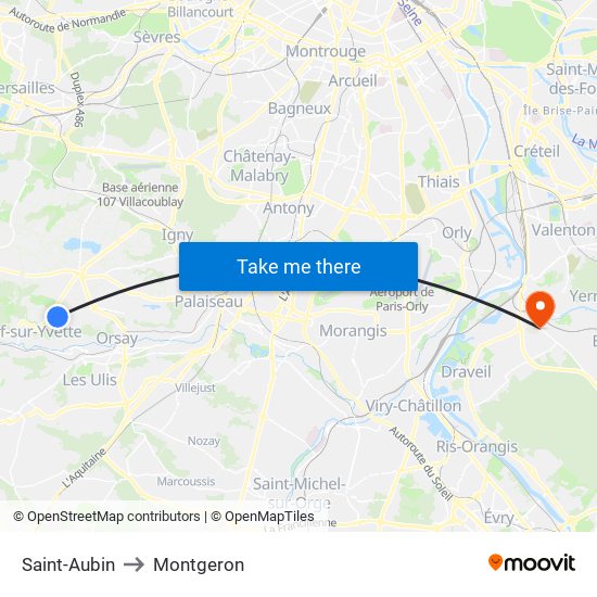 Saint-Aubin to Montgeron map
