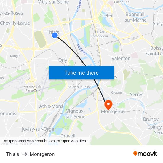 Thiais to Montgeron map