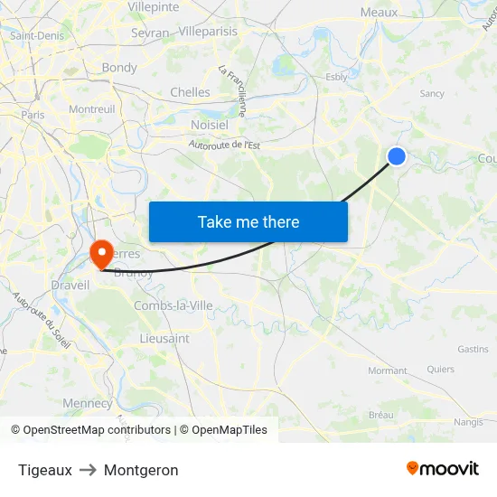 Tigeaux to Montgeron map