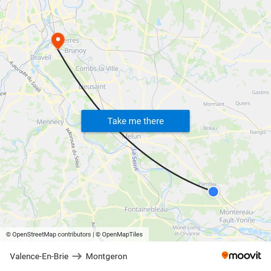 Valence-En-Brie to Montgeron map