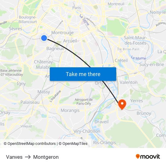 Vanves to Montgeron map