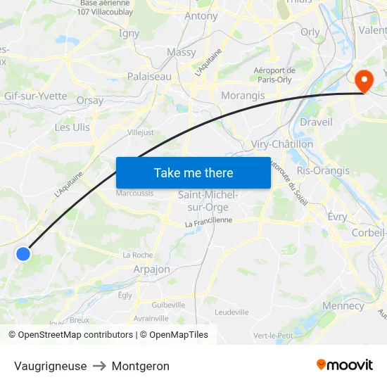 Vaugrigneuse to Montgeron map