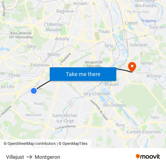 Villejust to Montgeron map