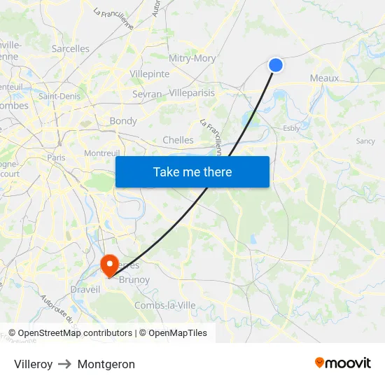Villeroy to Montgeron map