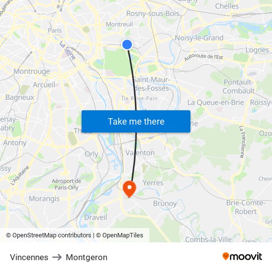 Vincennes to Montgeron map