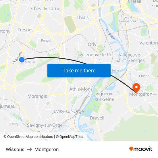 Wissous to Montgeron map