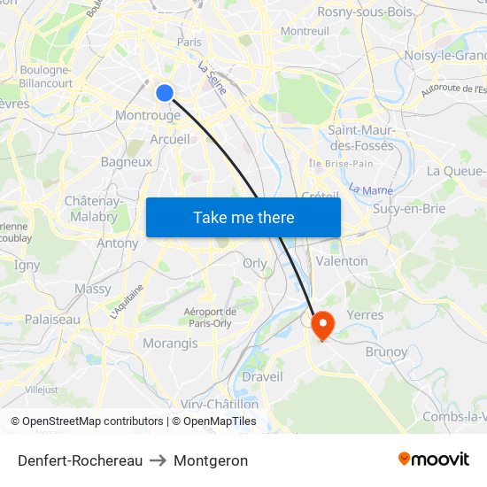 Denfert-Rochereau to Montgeron map