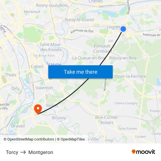 Torcy to Montgeron map