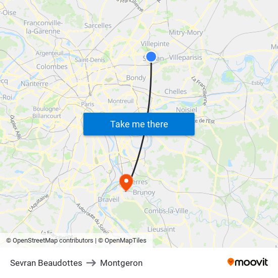 Sevran Beaudottes to Montgeron map