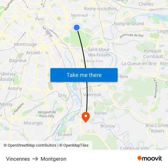 Vincennes to Montgeron map