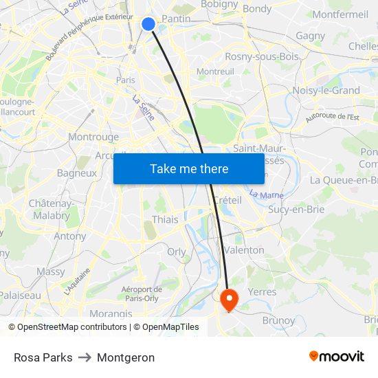 Rosa Parks to Montgeron map