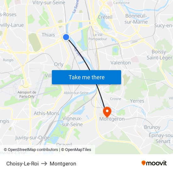 Choisy-Le-Roi to Montgeron map