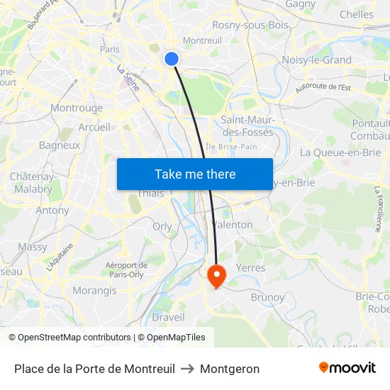 Place de la Porte de Montreuil to Montgeron map
