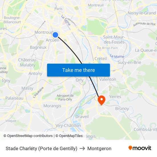 Stade Charléty (Porte de Gentilly) to Montgeron map