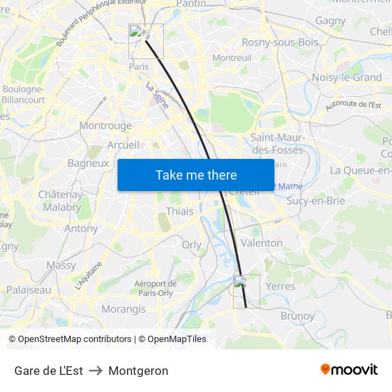 Gare de L'Est to Montgeron map