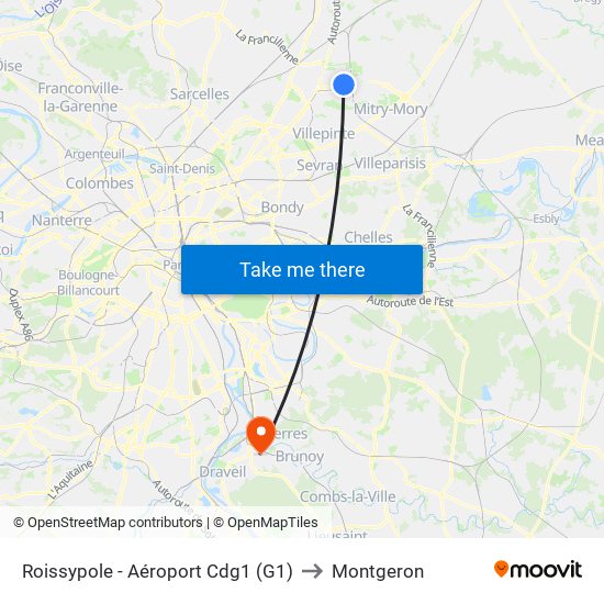 Roissypole - Aéroport Cdg1 (G1) to Montgeron map