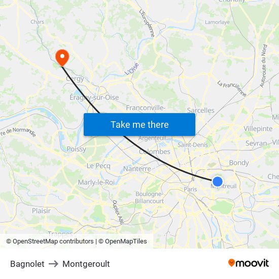 Bagnolet to Montgeroult map