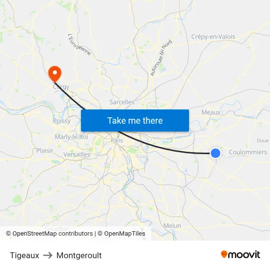 Tigeaux to Montgeroult map