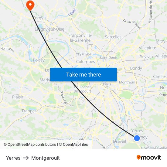 Yerres to Montgeroult map